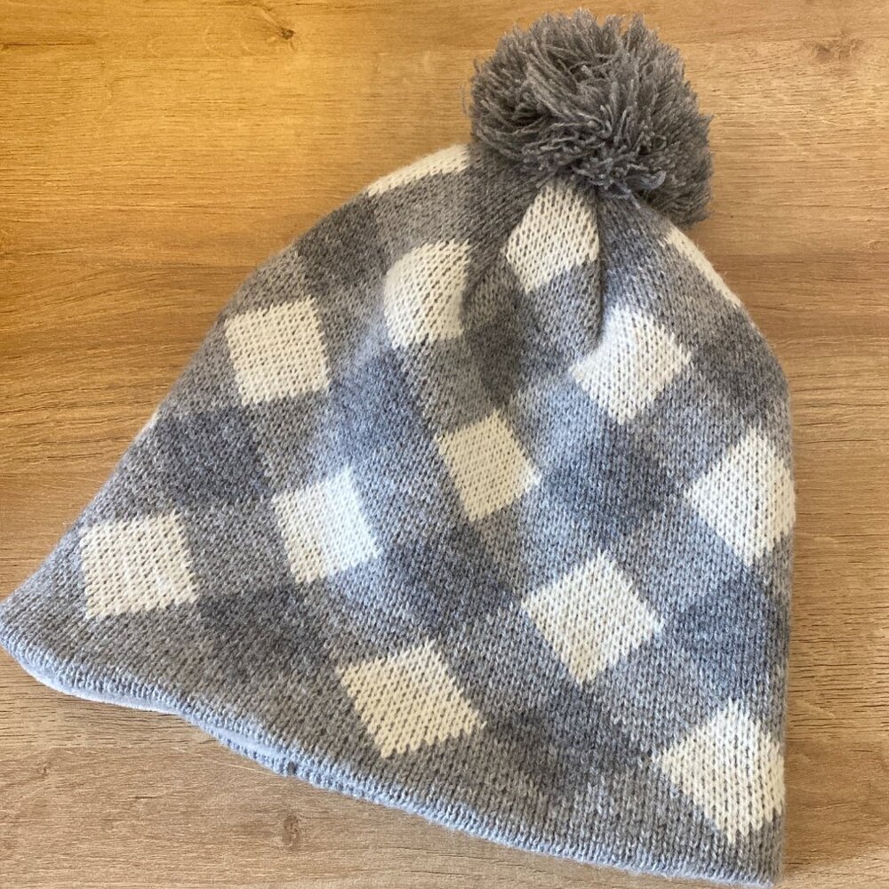 Gray & White Gingham Knit Beanie With Pom-Pom & Soft Fleece Lining